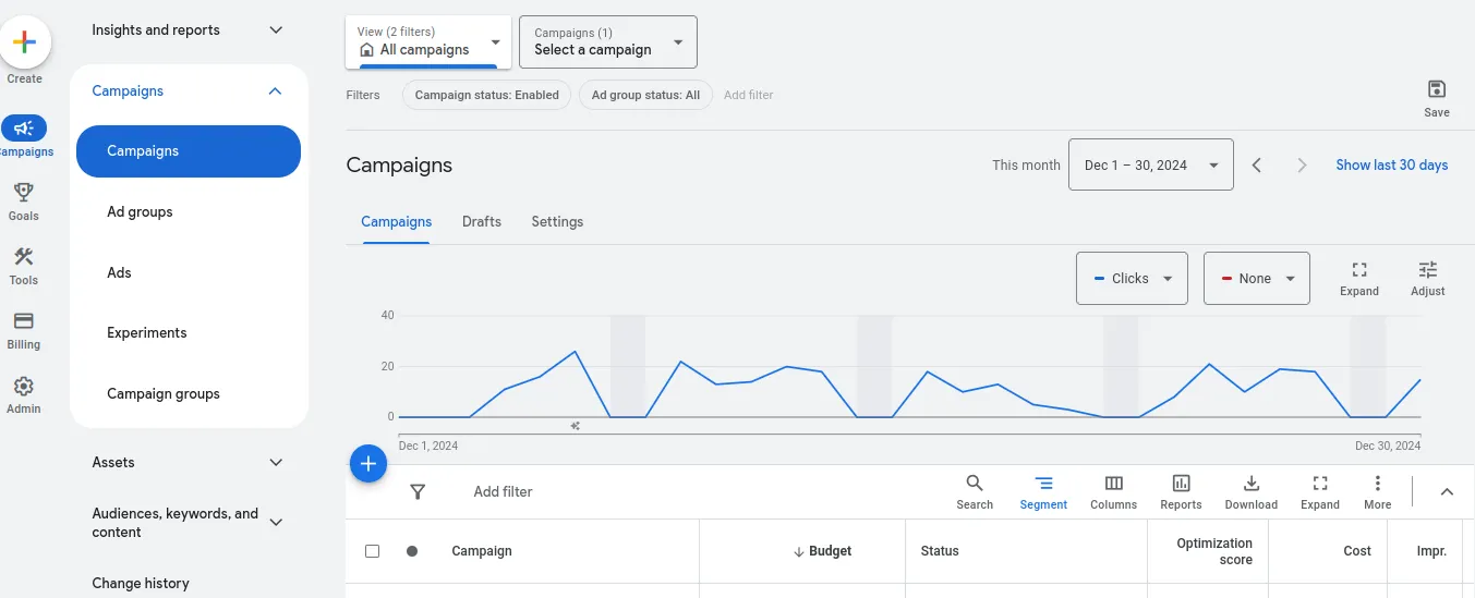 The Google Ads campaigns screen, showing the campaign list and a clicks-over-time chart.