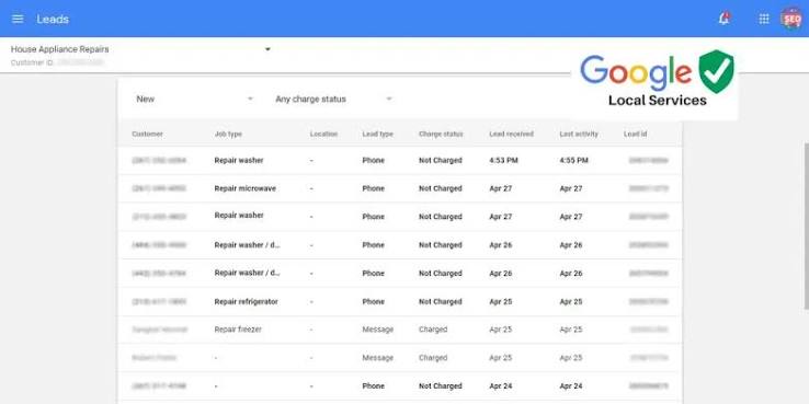A Google Local Services Ads leads table listing calls by job type, charge status, and date received.
